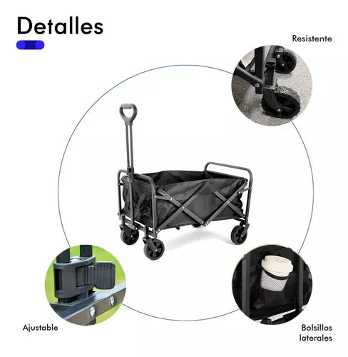 Carrito Vagon Plegable Multiusos Reforzado Camping De Carga Color Negro.