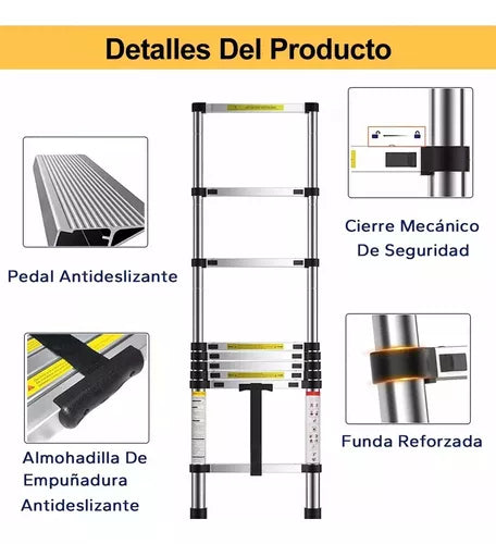 Escalera Retráctil Plegable Portátil De Aluminio De 2 Mts