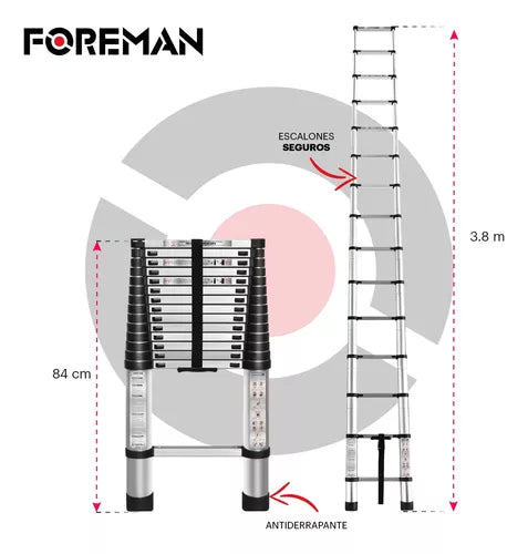 Escalera Telescópica 3.8 Metros Retráctil Aluminio Plegable